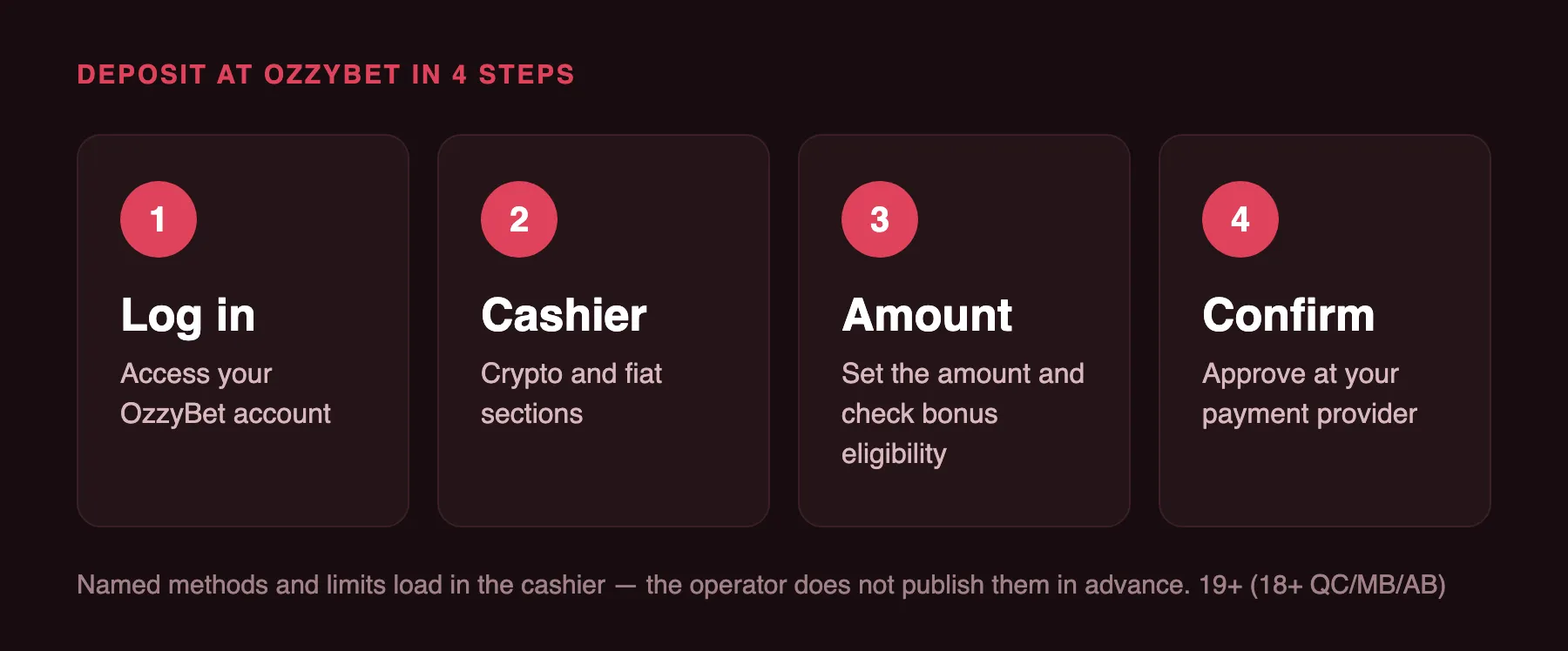 Deposit at OzzyBet in 4 steps: log in, open the cashier, set the amount, confirm with your provider.